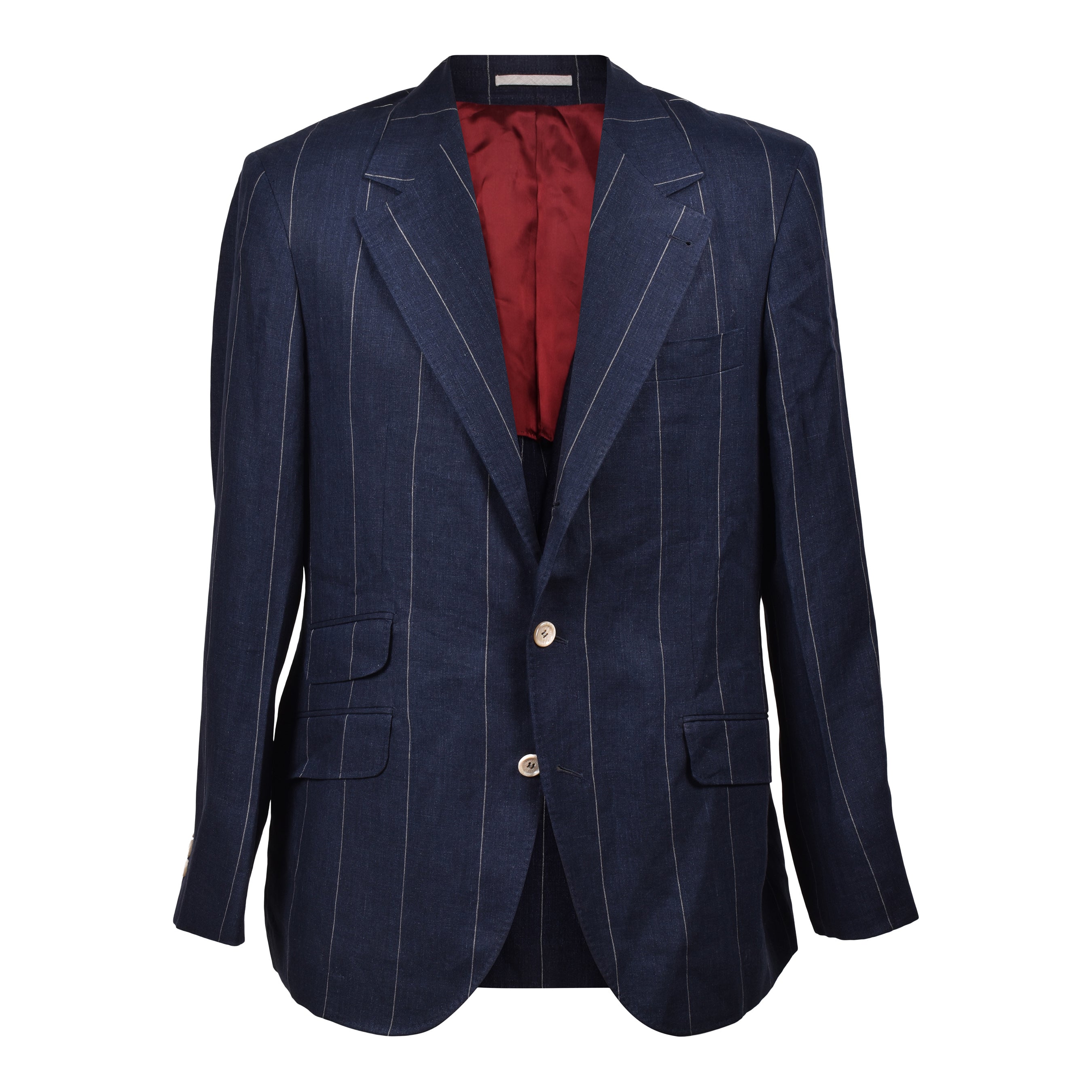 BRUNELLO CUCINELLI MEN'S NAVY LINEN STRIPED THREE-BUTTON SUIT
