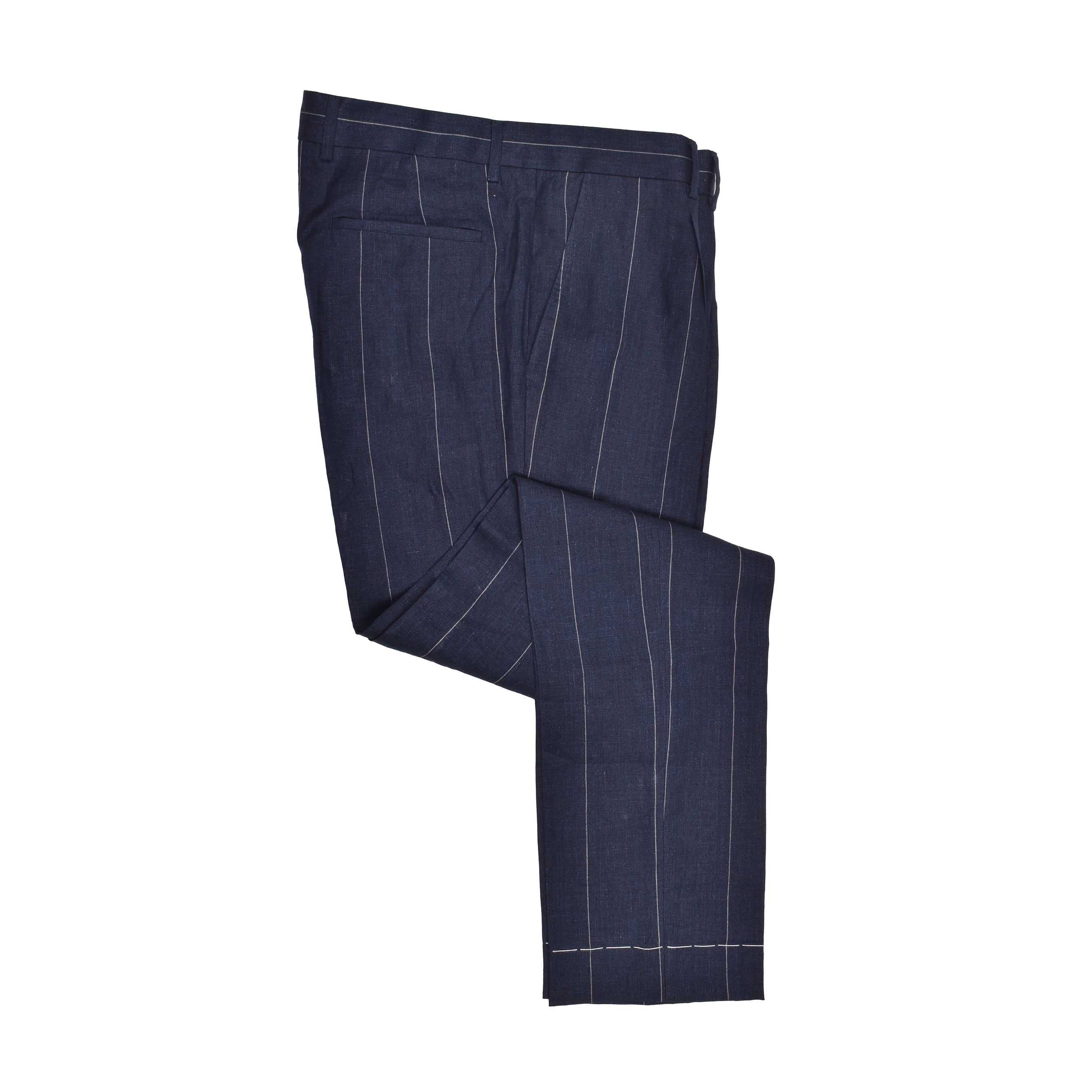 BRUNELLO CUCINELLI MEN'S NAVY LINEN STRIPED THREE-BUTTON SUIT