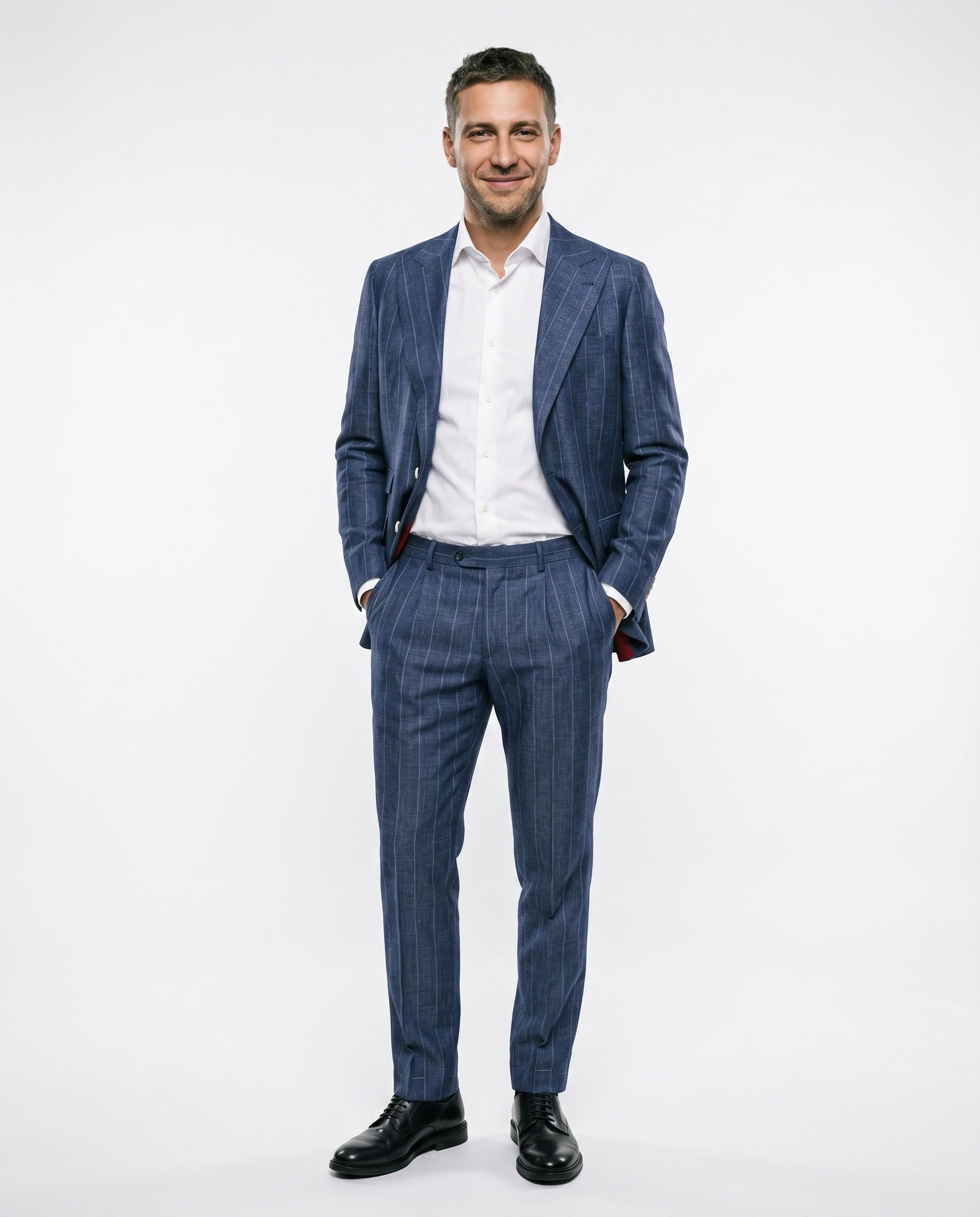 BRUNELLO CUCINELLI MEN'S BLUE VIRGIN WOOL PINSTRIPED SUIT