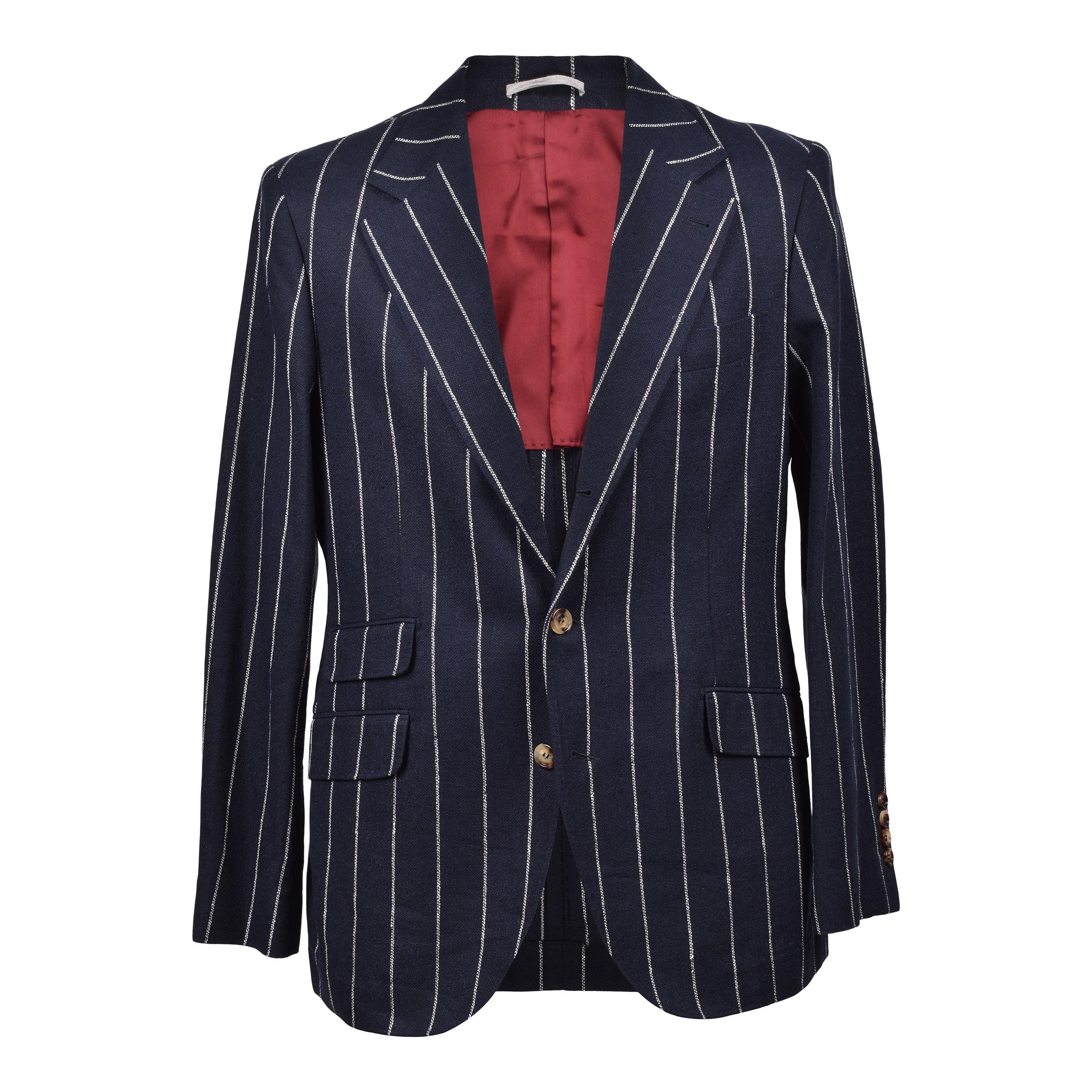 BRUNELLO CUCINELLI MEN'S NAVY LINEN BLEND STRIPED SUIT