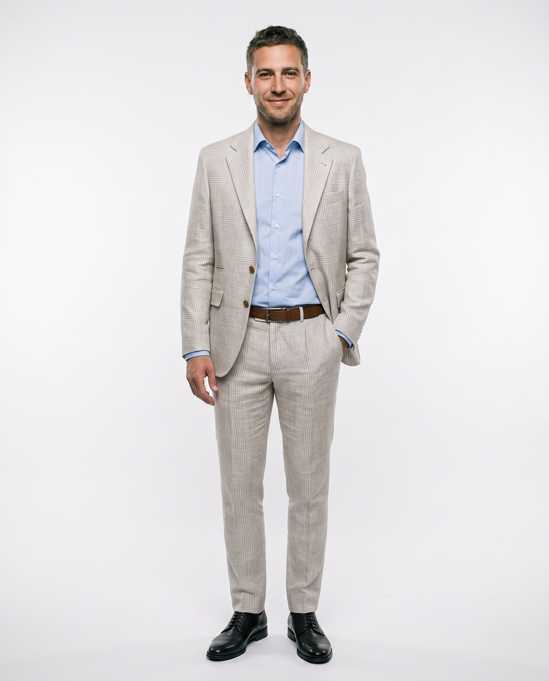 BRUNELLO CUCINELLI MEN'S LIGHT PLAID LINEN WOOL SUIT