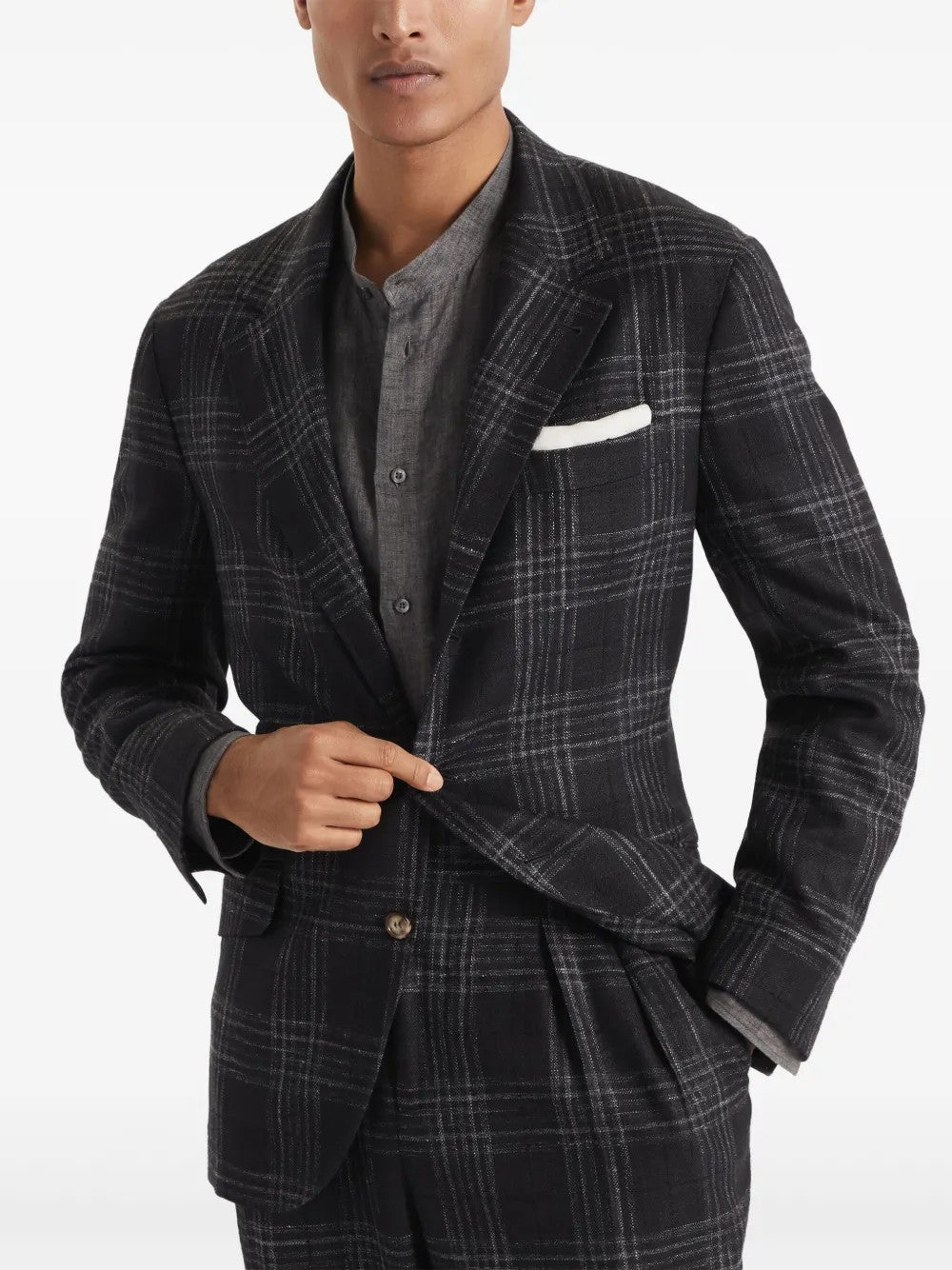 BRUNELLO CUCINELLI MEN'S ANTHRACITE WOOL SILK LINEN PLAID BLAZER