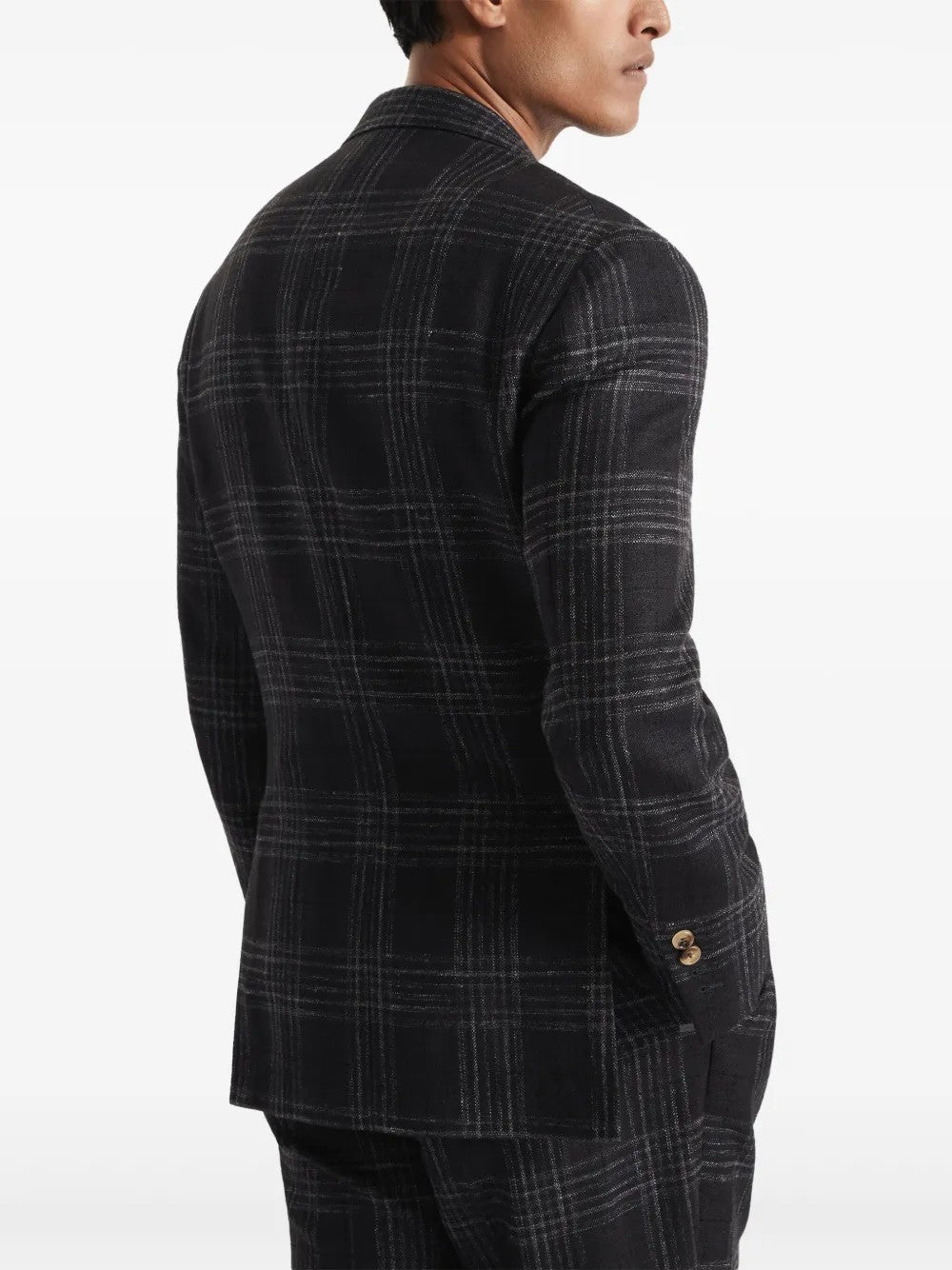 BRUNELLO CUCINELLI MEN'S ANTHRACITE WOOL SILK LINEN PLAID BLAZER