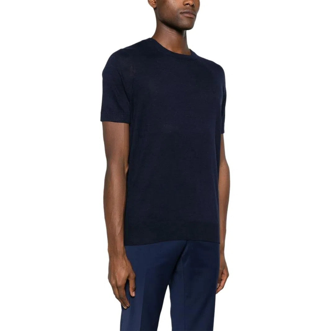 BRUNELLO CUCINELLI MEN'S NAVY LINEN BLEND SHORT-SLEEVE SWEATER