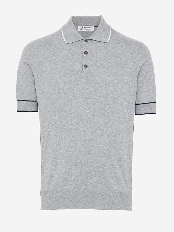 BRUNELLO CUCINELLI MEN'S LIGHT GREY POLO KNIT SWEATER