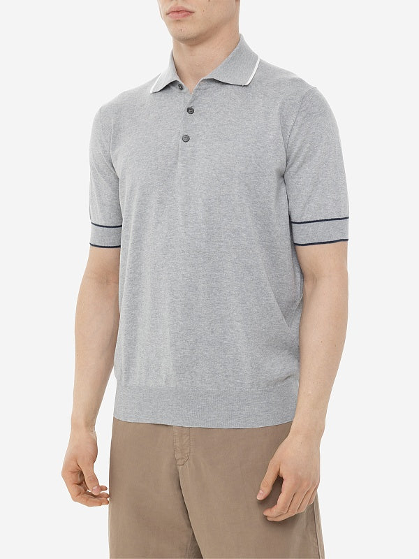 BRUNELLO CUCINELLI MEN'S LIGHT GREY POLO KNIT SWEATER