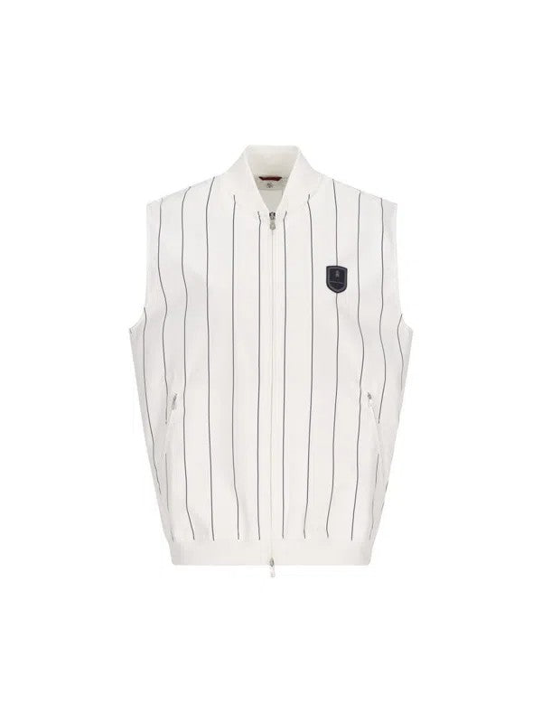BRUNELLO CUCINELLI MEN'S WHITE BLUE STRIPED ZIP VEST