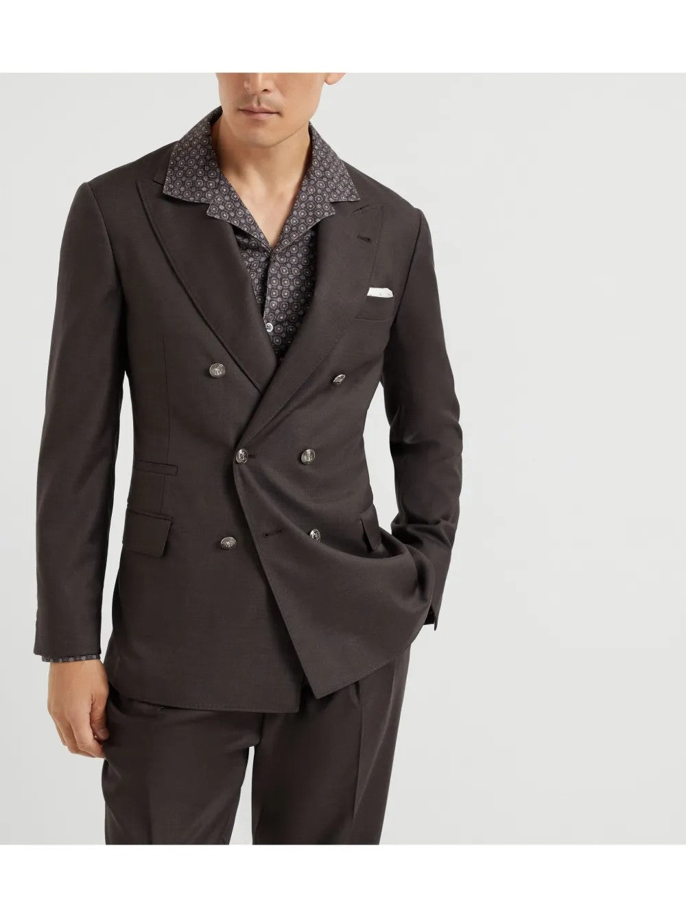 BRUNELLO CUCINELLI MEN'S DARK BROWN WOOL DOUBLE-BREASTED BLAZER