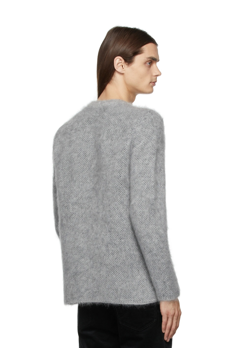 Giorgio Armani Grey Brushed Mohair Sweater 212262M201007 model back view showcasing soft texture.