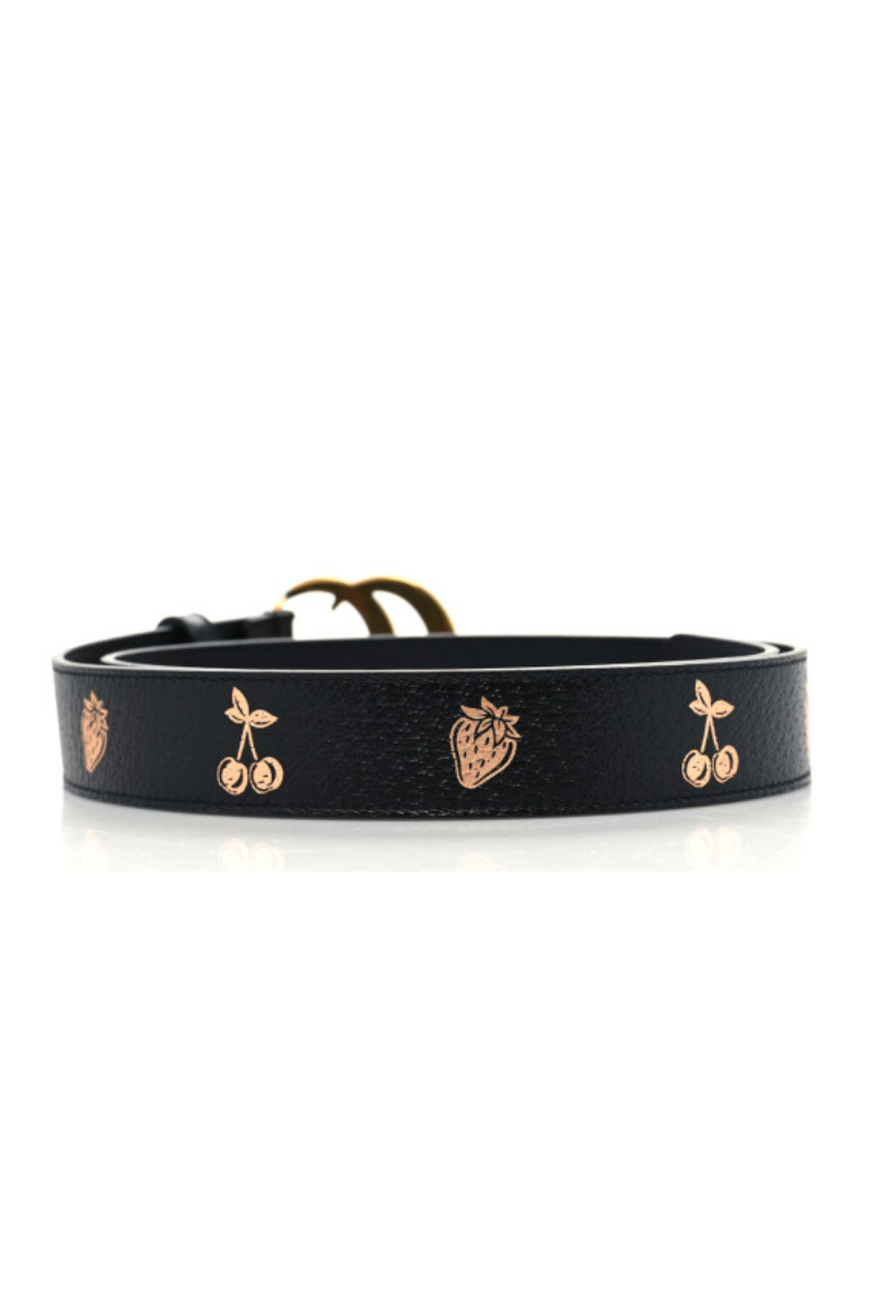 Gucci Textured Dollar Calfskin Berry Print Double G 30mm Belt - Black Light Copper