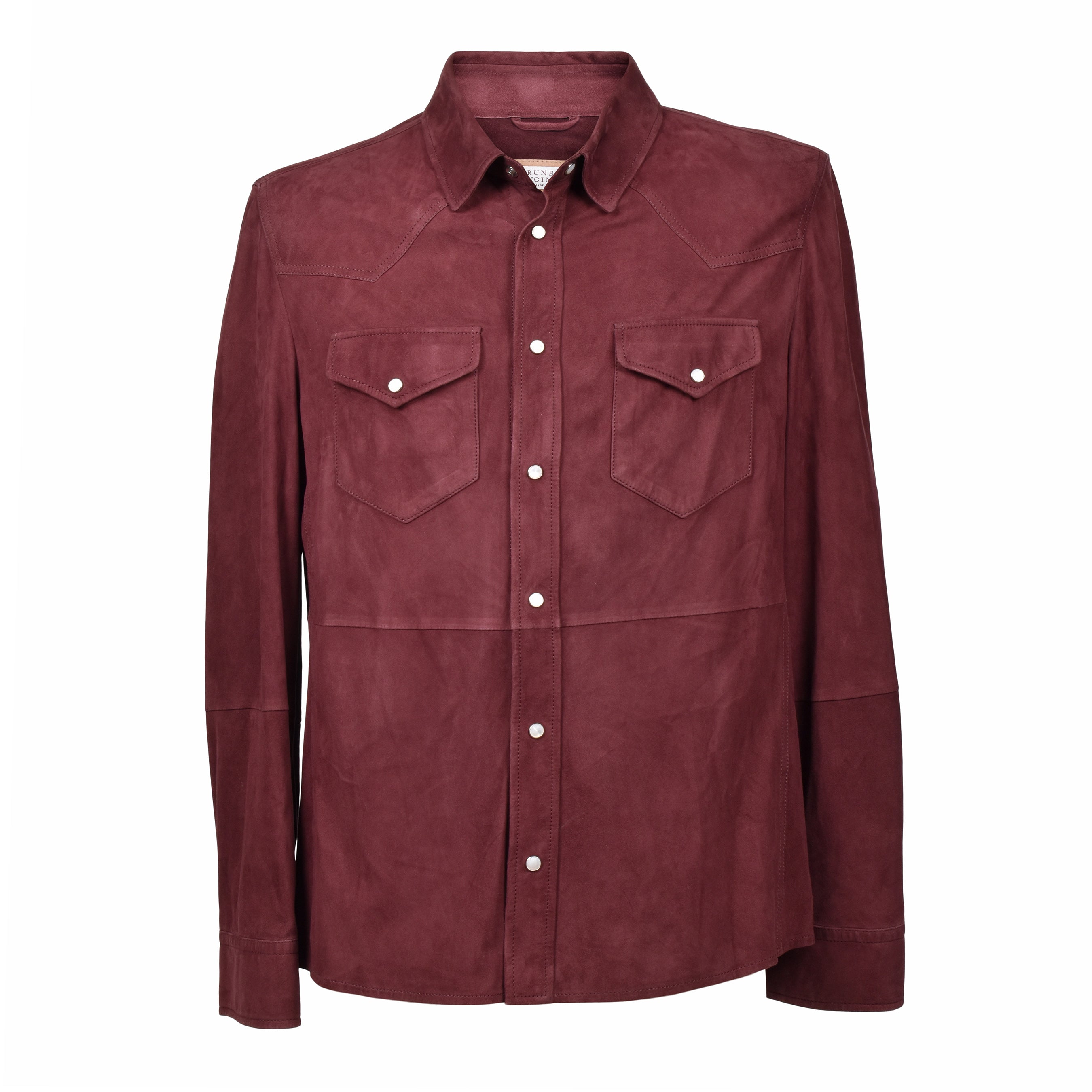 BRUNELLO CUCINELLI MEN'S BURGUNDY SUEDE WESTERN OVERSHIRT