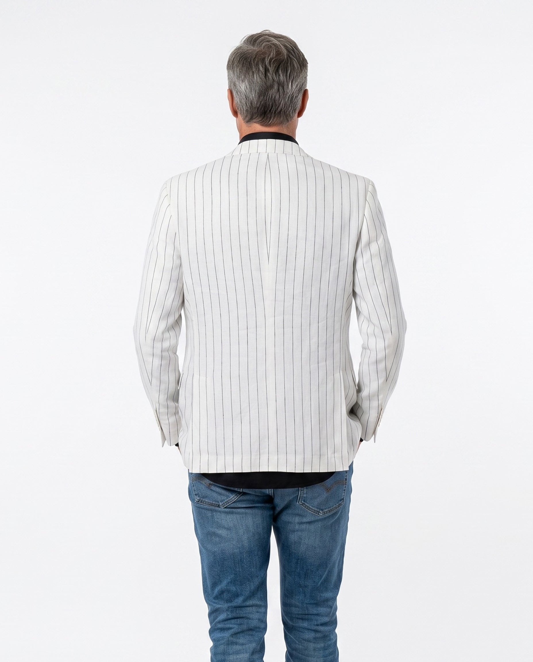 BRUNELLO CUCINELLI MEN'S WHITE LINEN DOUBLE-BREASTED STRIPED BLAZER