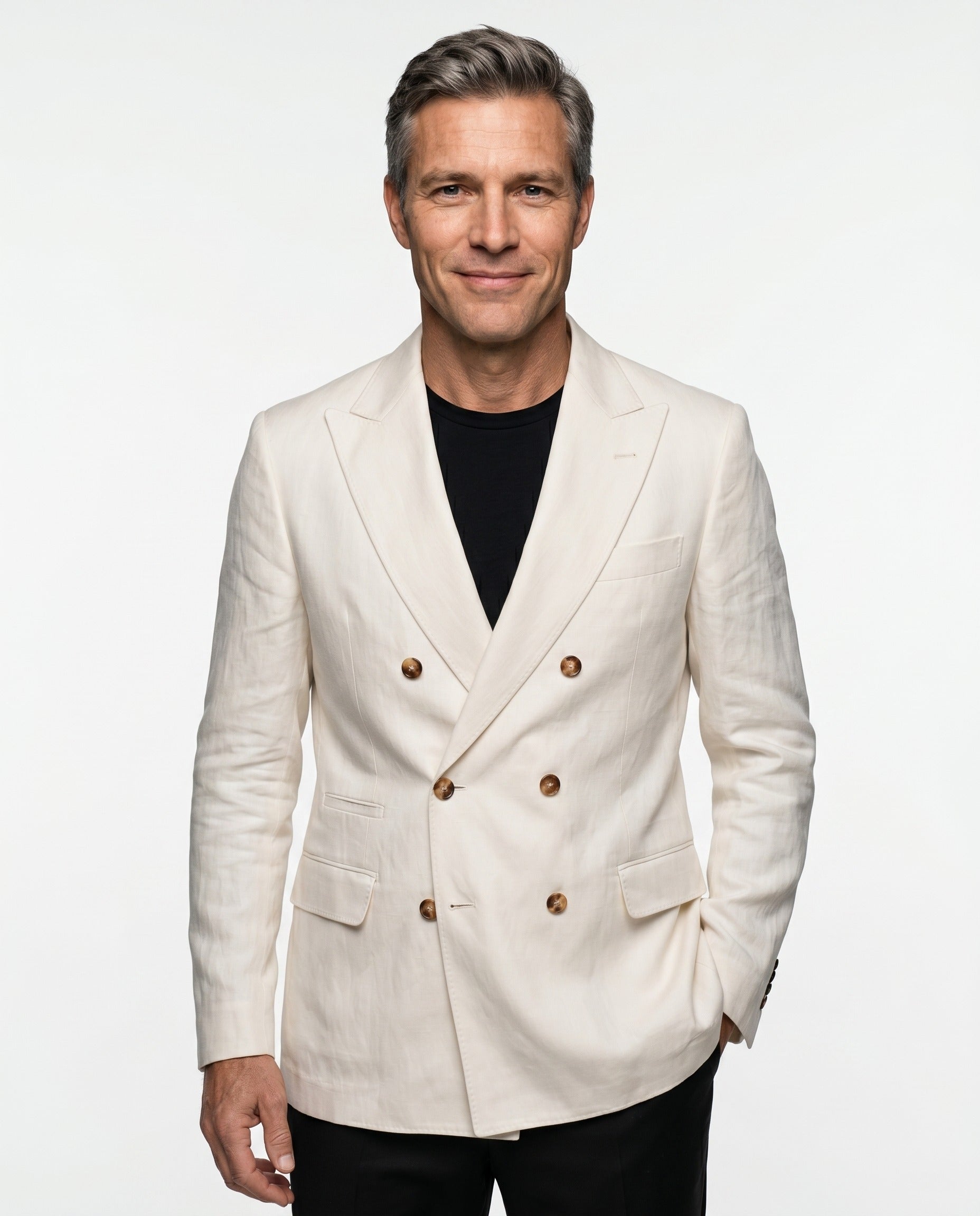 BRUNELLO CUCINELLI MEN'S OFF-WHITE SILK BLEND DOUBLE-BREASTED BLAZER