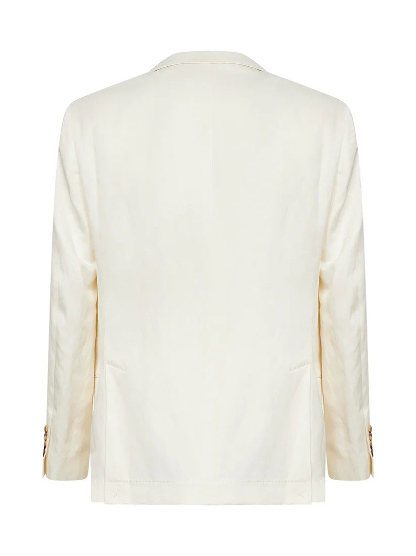 BRUNELLO CUCINELLI MEN'S OFF-WHITE SILK BLEND DOUBLE-BREASTED BLAZER