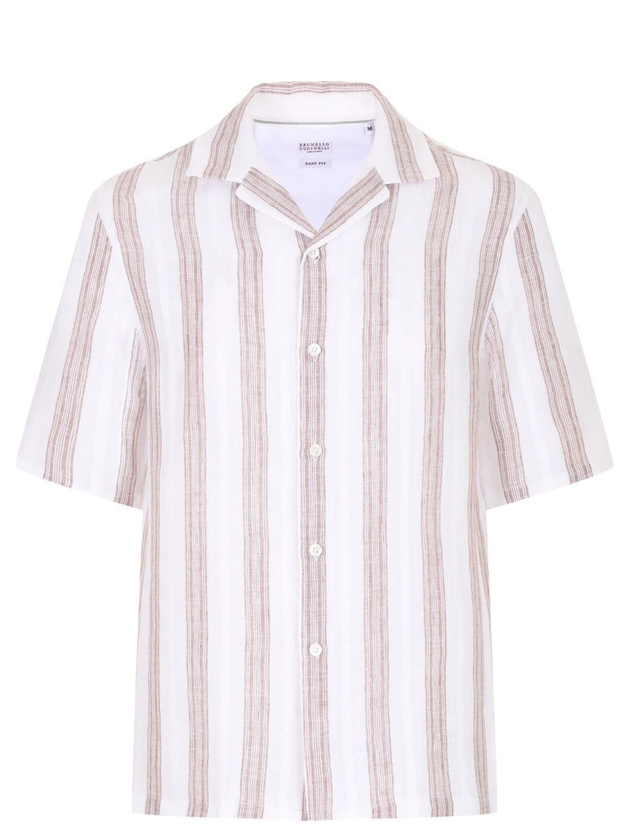 BRUNELLO CUCINELLI MEN'S WHITE LINEN STRIPED SHIRT