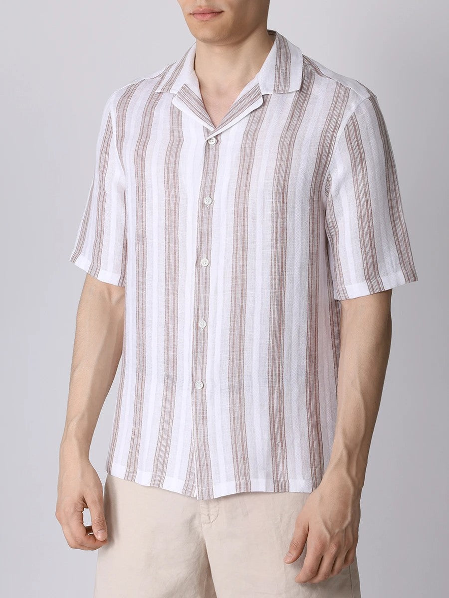 BRUNELLO CUCINELLI MEN'S WHITE LINEN STRIPED SHIRT