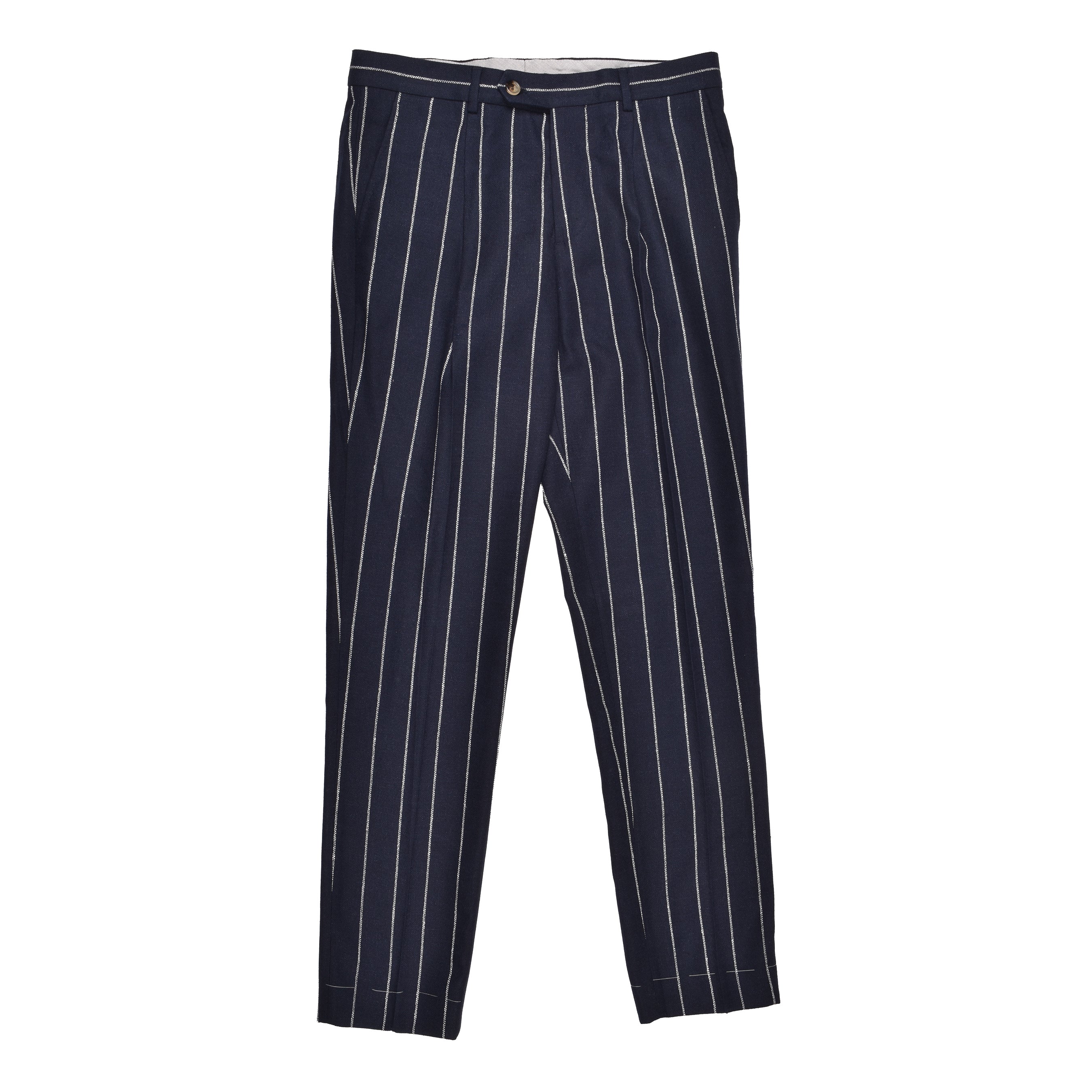 BRUNELLO CUCINELLI MEN'S NAVY LINEN BLEND STRIPED TROUSERS