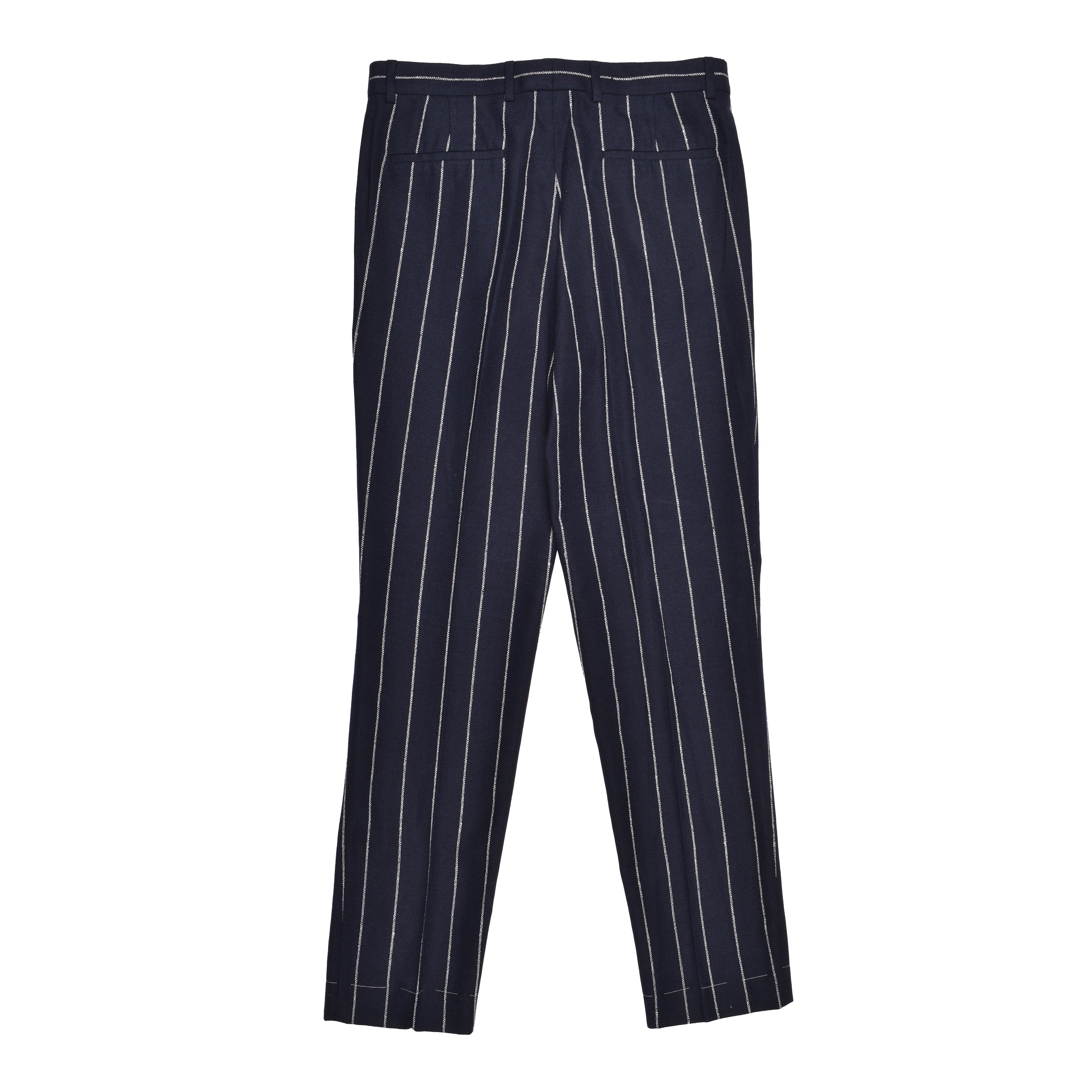 BRUNELLO CUCINELLI MEN'S NAVY LINEN BLEND STRIPED TROUSERS
