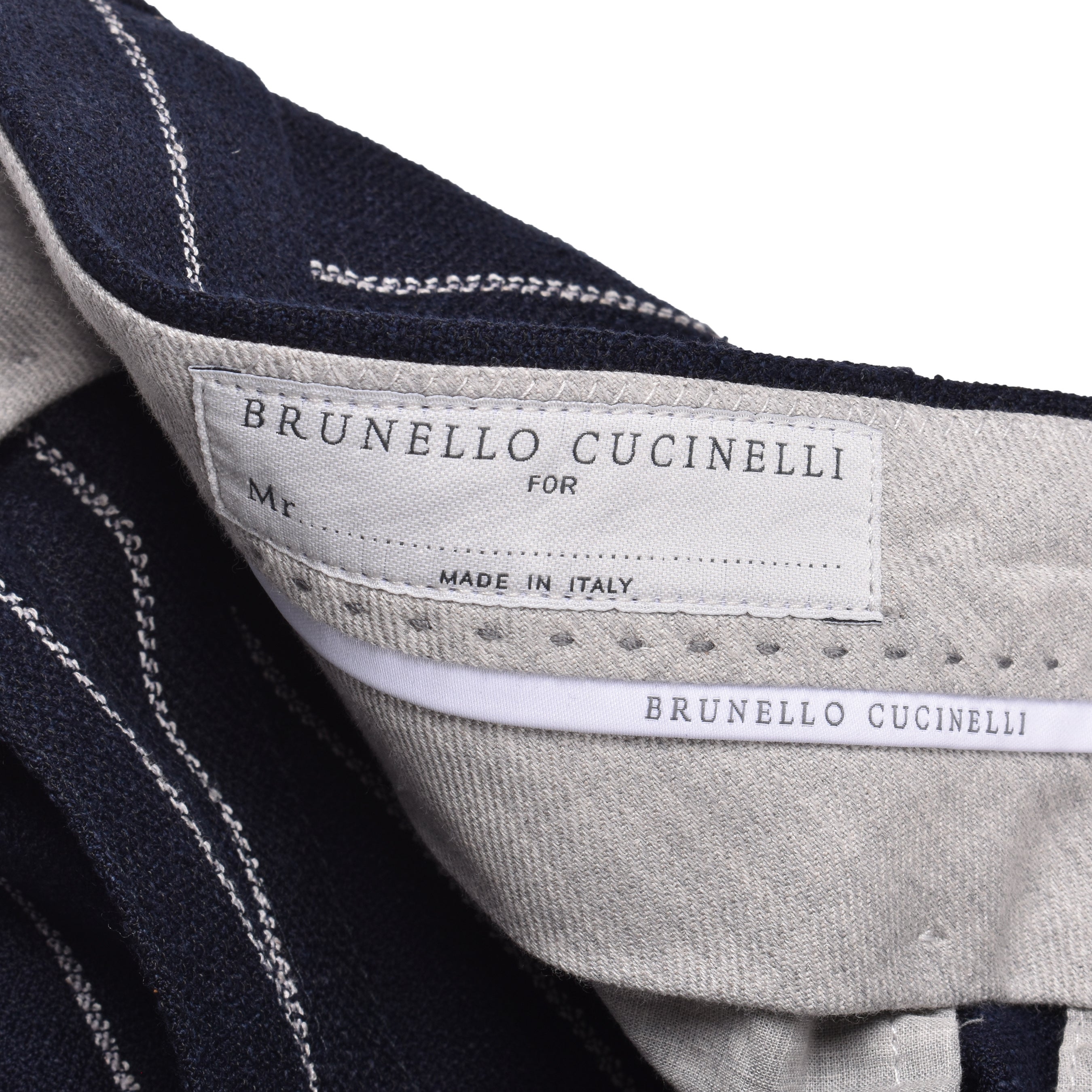 BRUNELLO CUCINELLI MEN'S NAVY LINEN BLEND STRIPED TROUSERS
