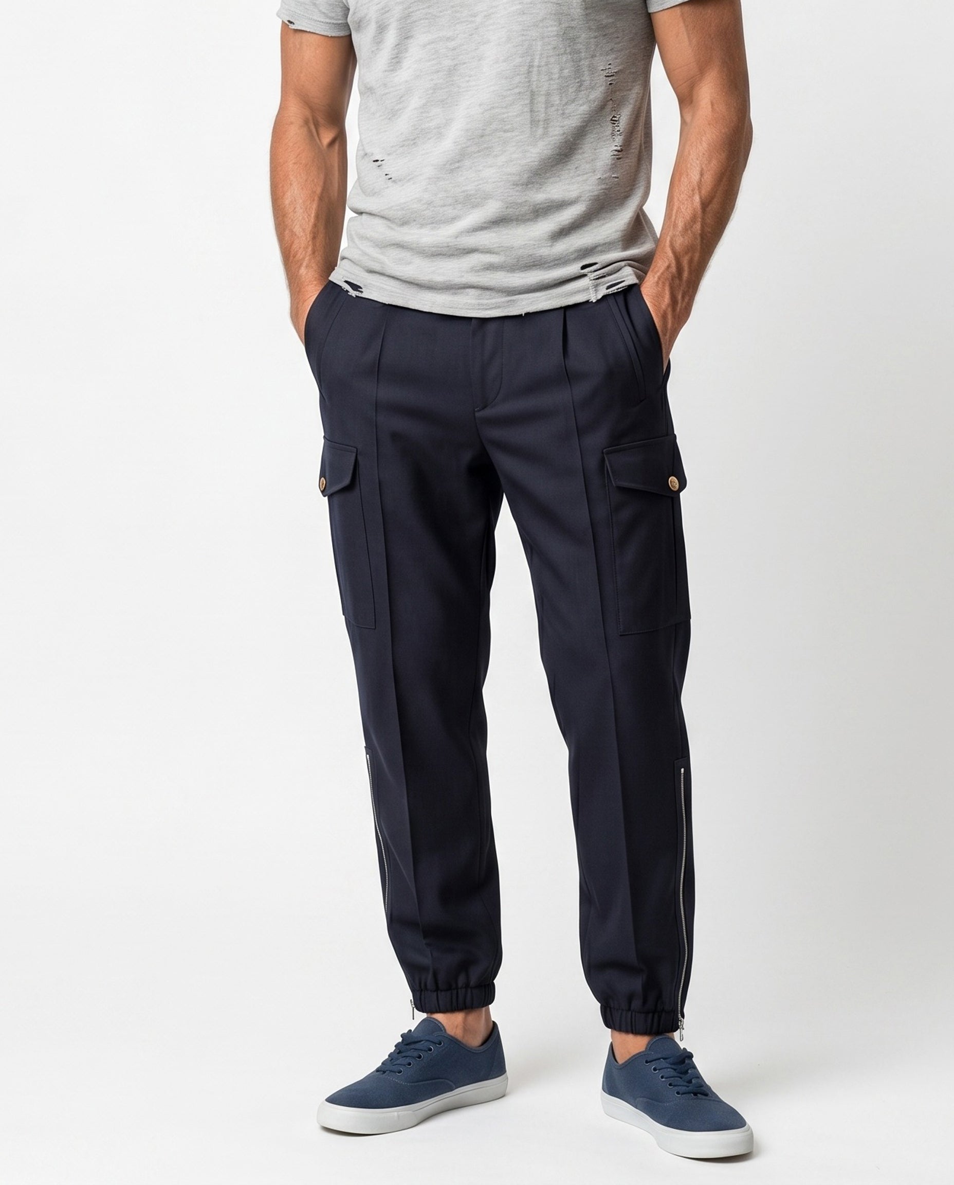 BRUNELLO CUCINELLI MEN'S NAVY VIRGIN WOOL CARGO TROUSERS