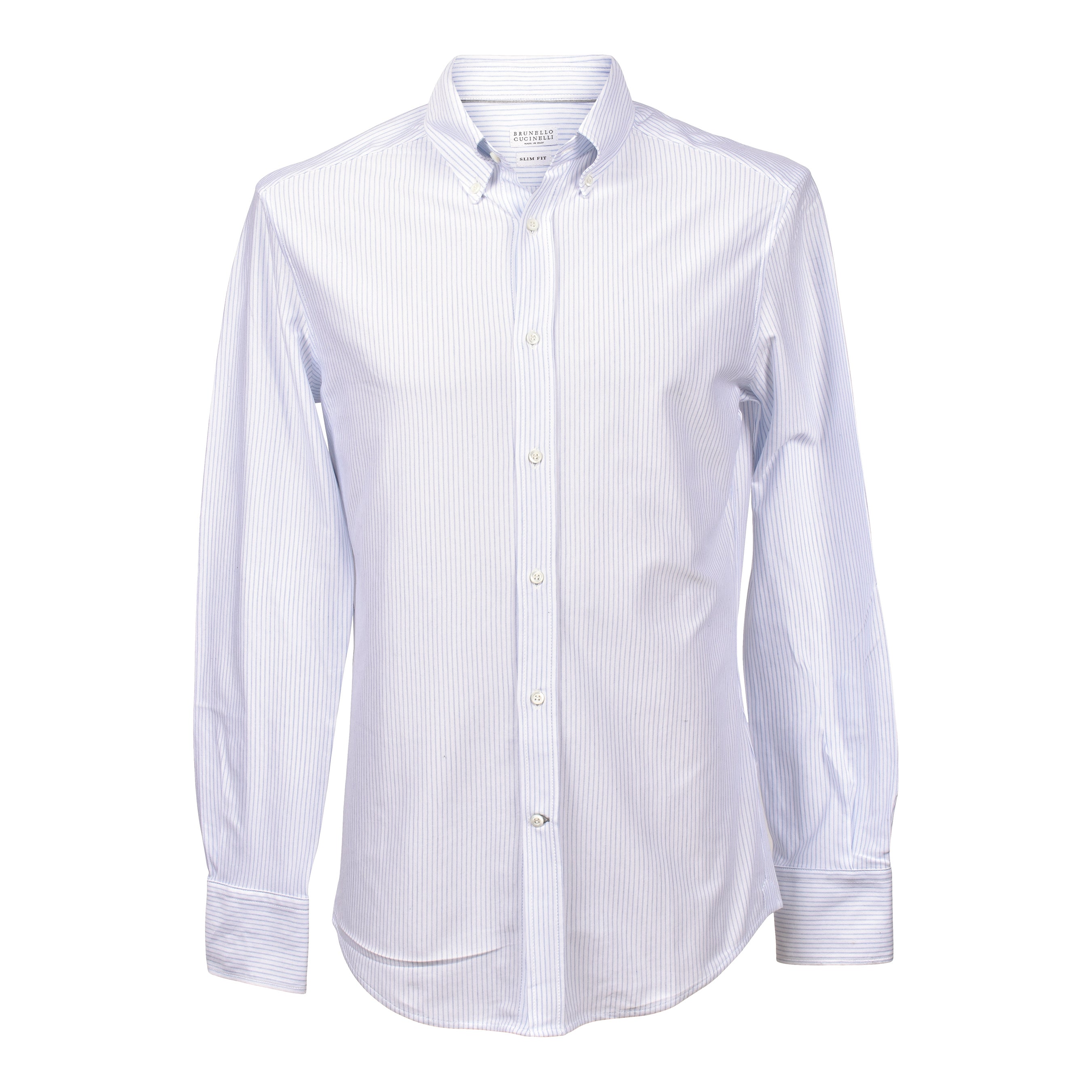 BRUNELLO CUCINELLI MEN'S WHITE LIGHT BLUE STRIPED SHIRT