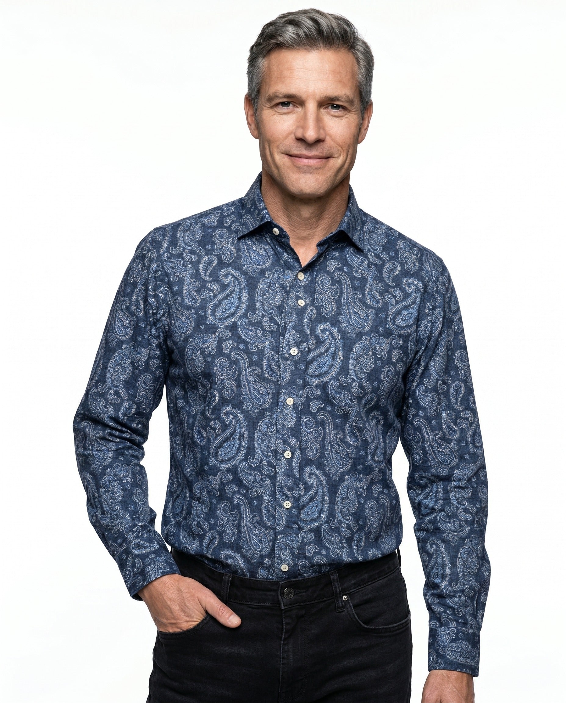 BRUNELLO CUCINELLI MEN'S BLUE PAISLEY SLIM FIT SHIRT