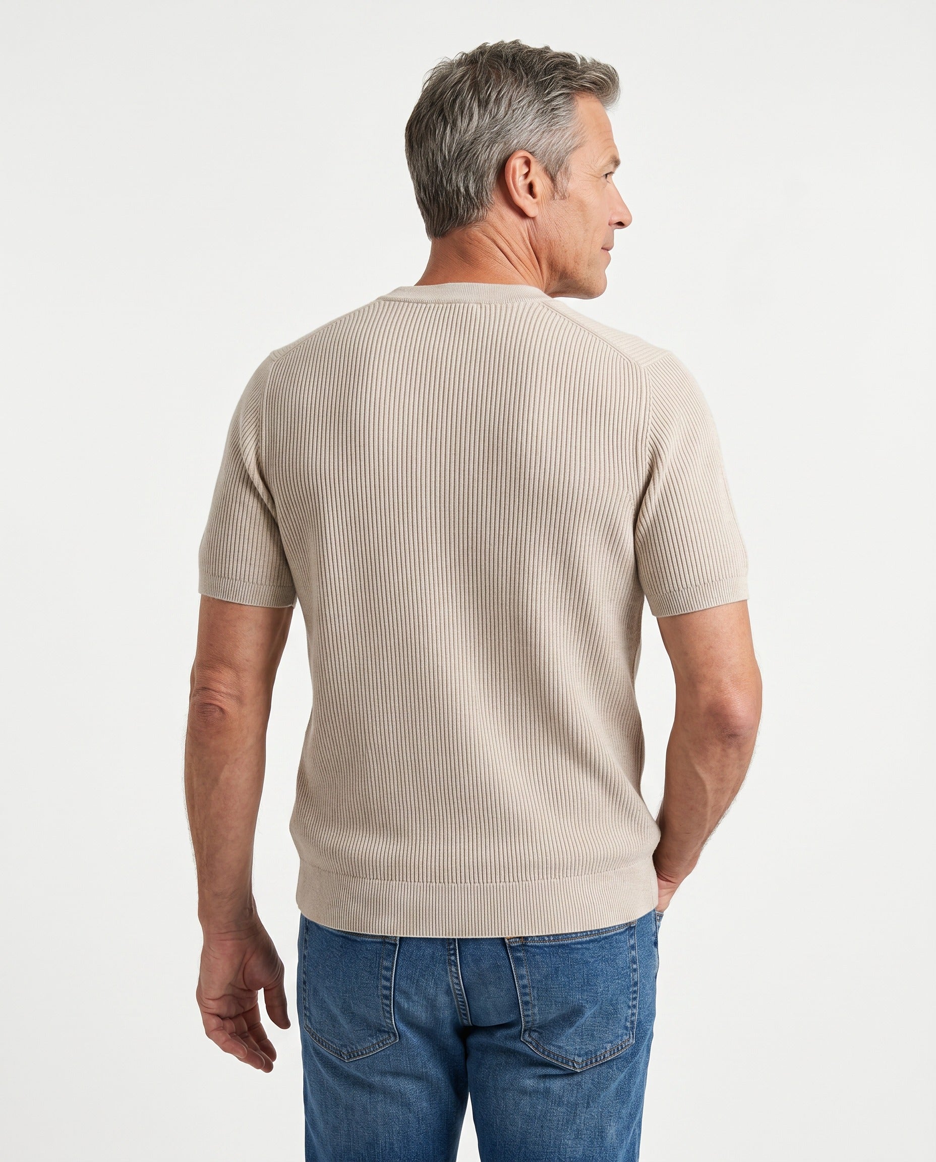 BRUNELLO CUCINELLI MEN'S BEIGE RIBBED SHORT SLEEVE SWEATER