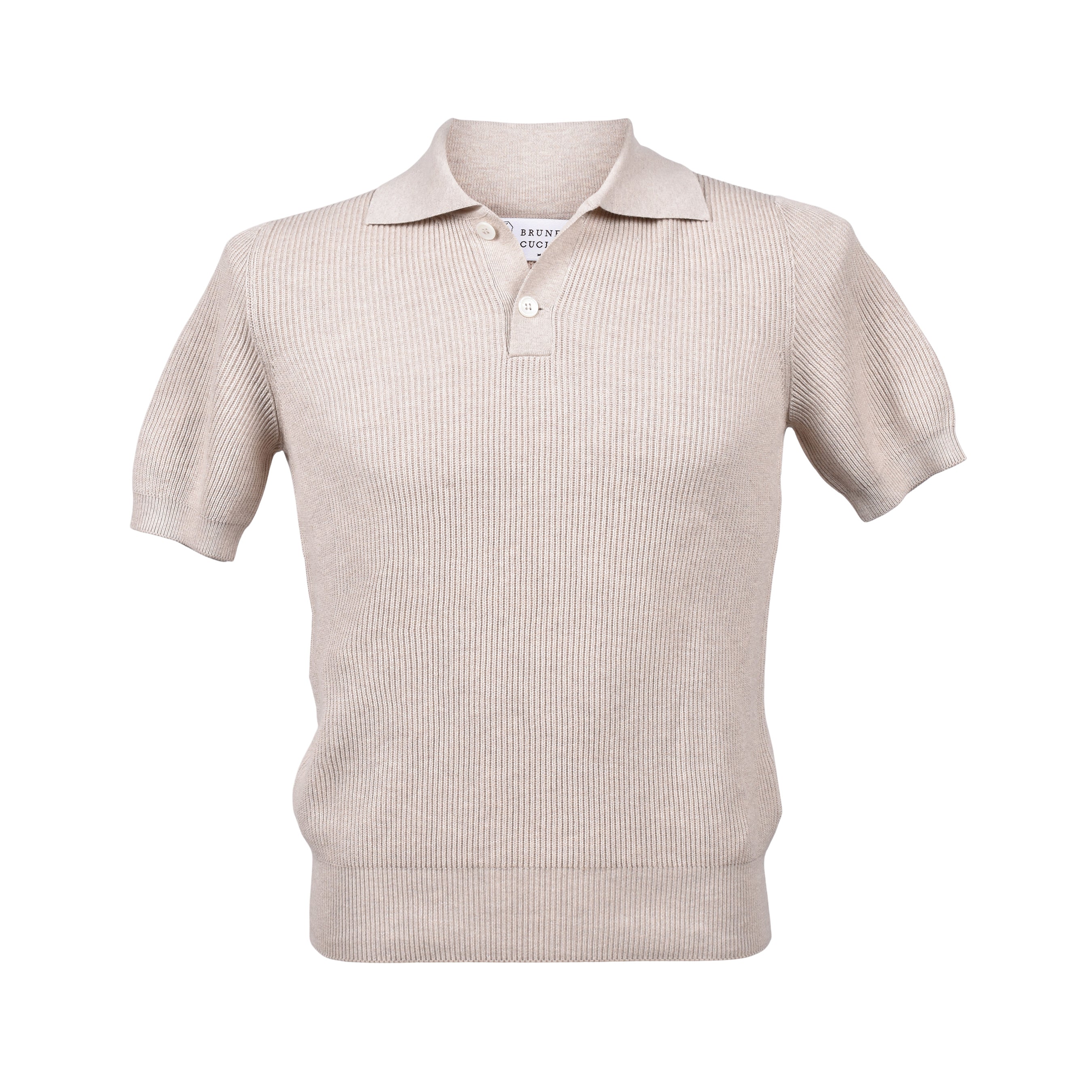 BRUNELLO CUCINELLI MEN'S BEIGE RIBBED SHORT SLEEVE SWEATER
