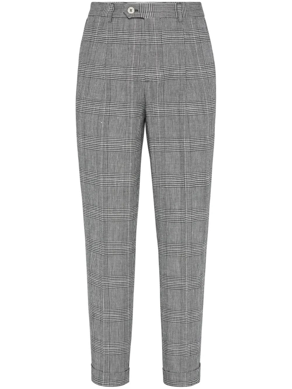 BRUNELLO CUCINELLI MEN'S BLACK LINEN COTTON CHECKED TROUSERS