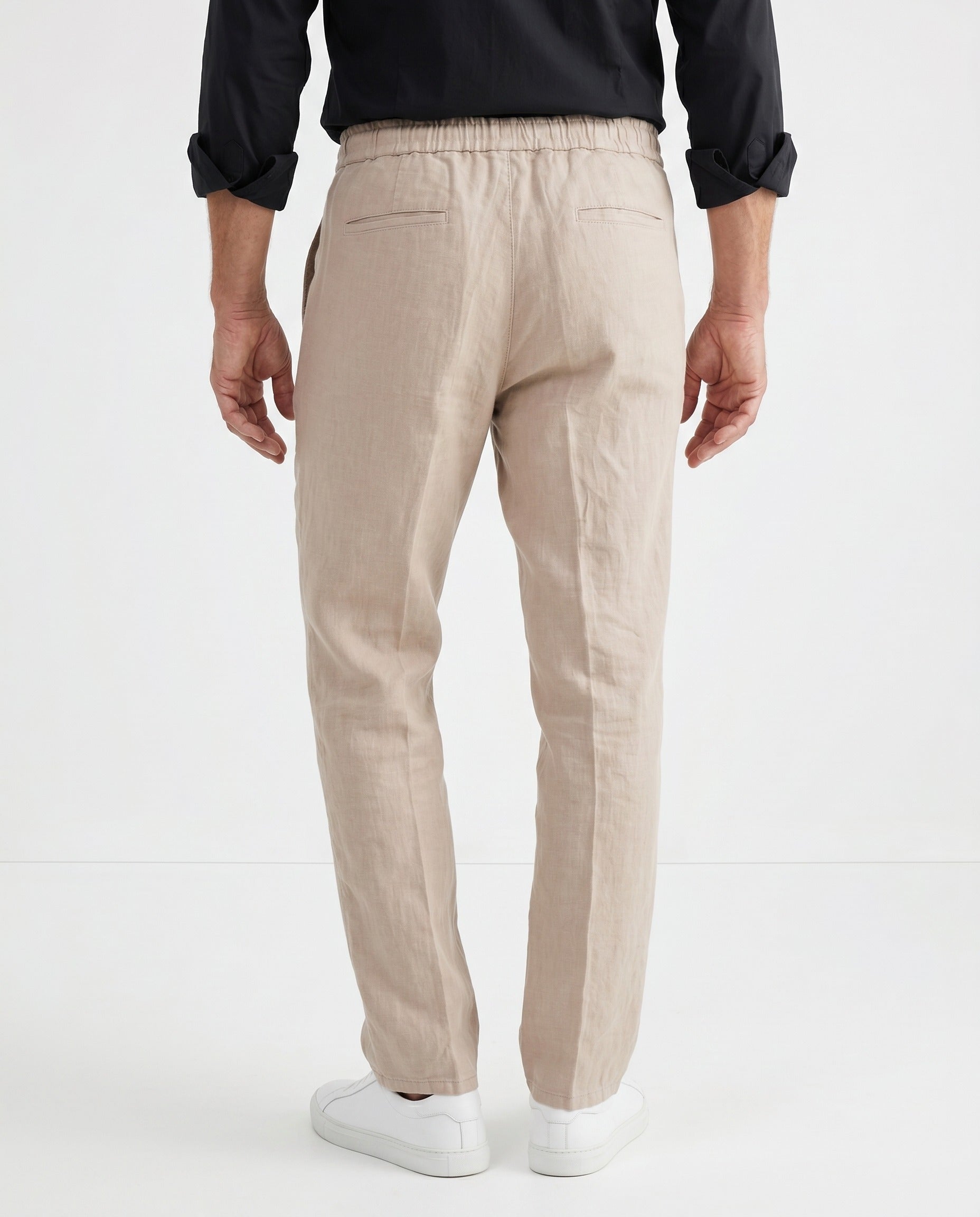 BRUNELLO CUCINELLI MEN'S BEIGE LINEN DRAWSTRING TROUSERS