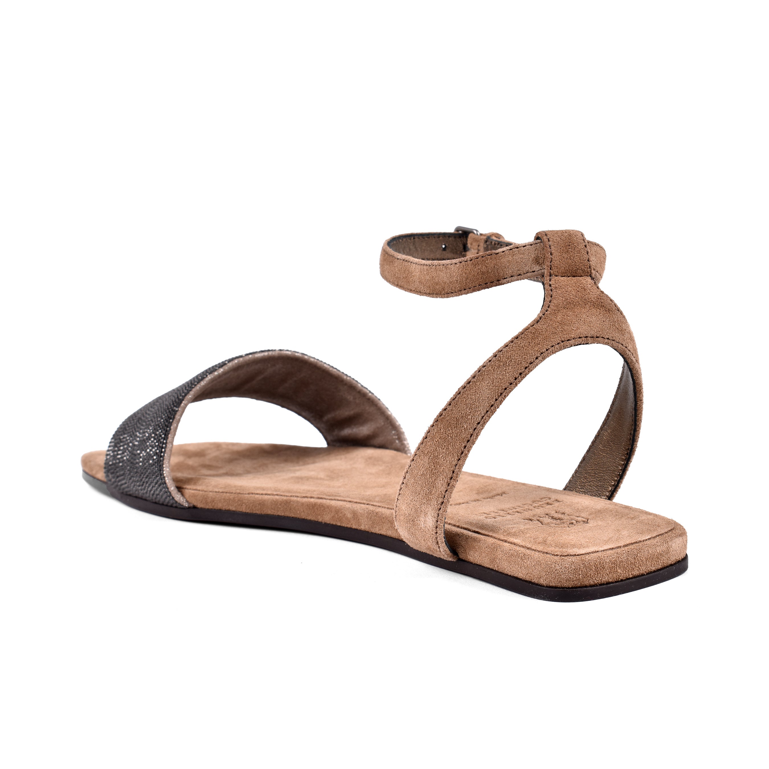 BRUNELLO CUCINELLI WOMEN'S BROWN LEATHER FLAT SANDALS WITH ANKLE STRAP