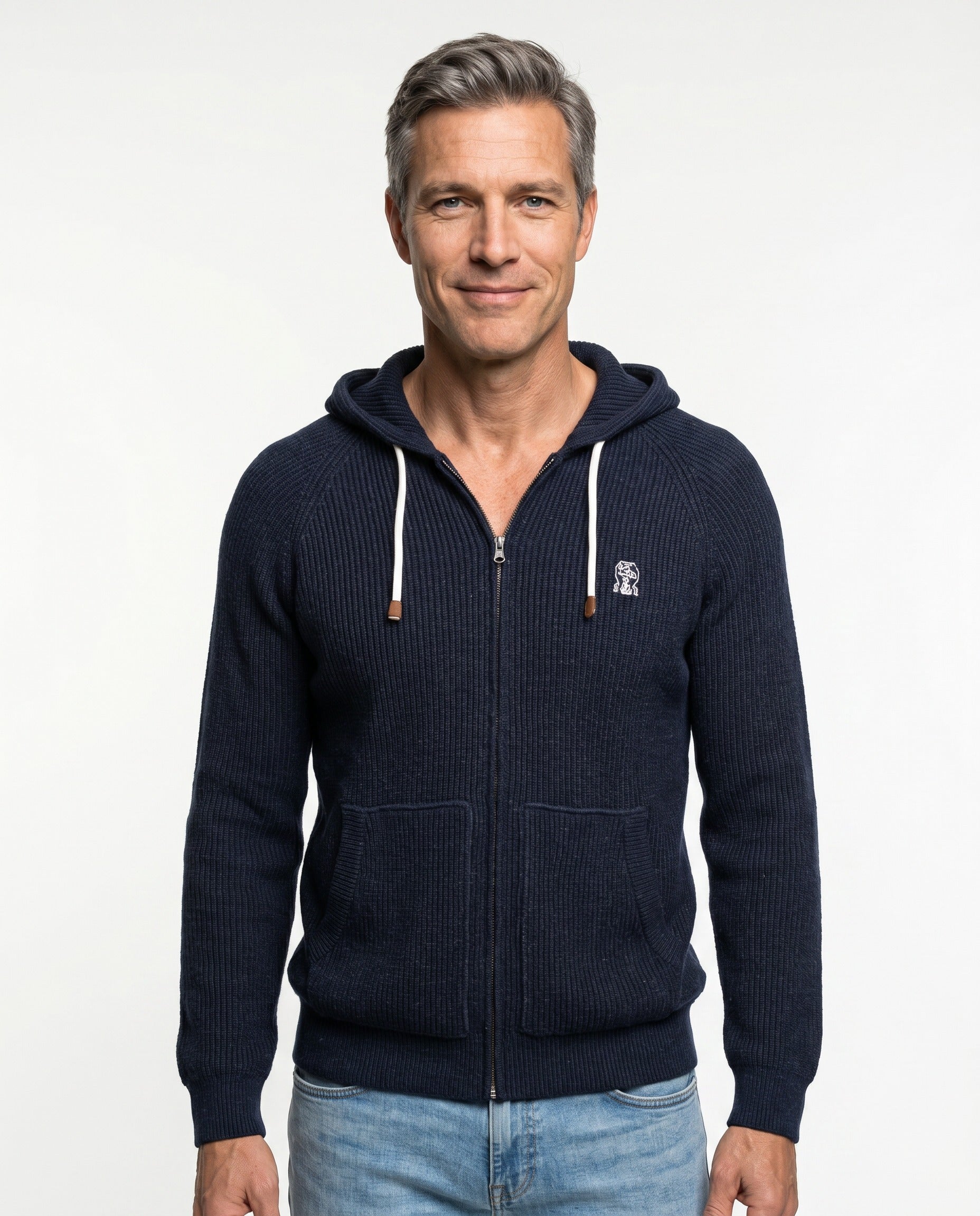 BRUNELLO CUCINELLI MEN'S NAVY KNIT ZIP-UP HOODIE SWEATER