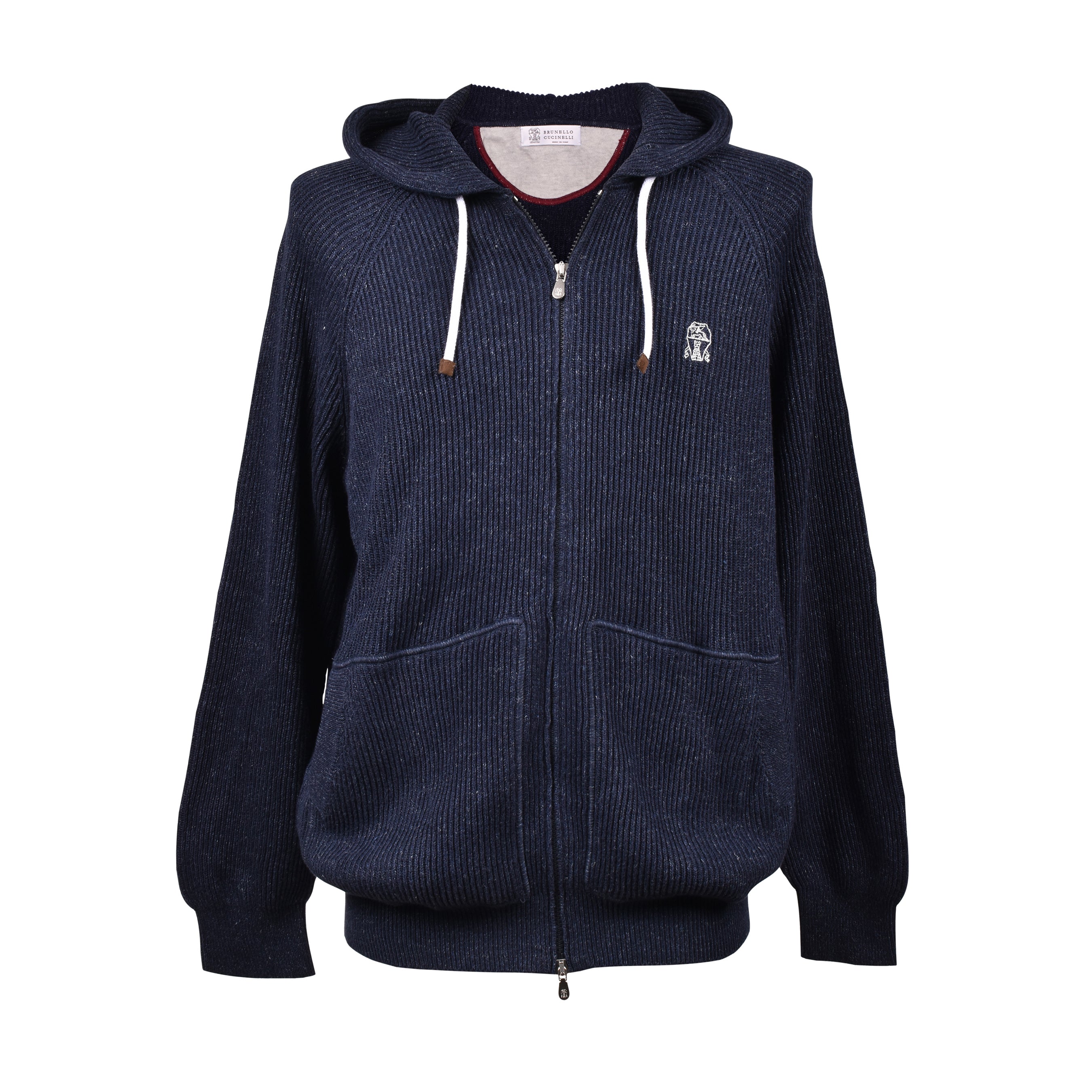 BRUNELLO CUCINELLI MEN'S NAVY KNIT ZIP-UP HOODIE SWEATER