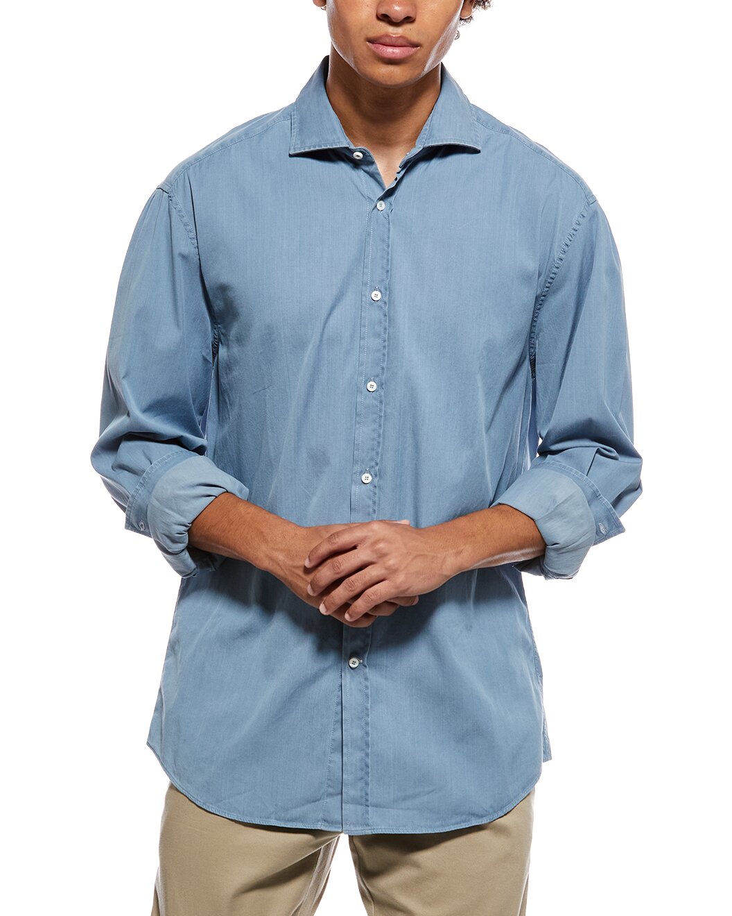 BRUNELLO CUCINELLI MEN'S LIGHT BLUE DENIM BUTTON-UP SHIRT