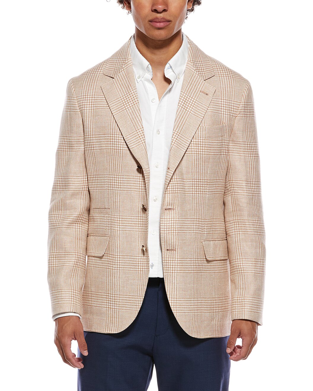 BRUNELLO CUCINELLI MEN'S PAPAYA LINEN WOOL CHECK BLAZER