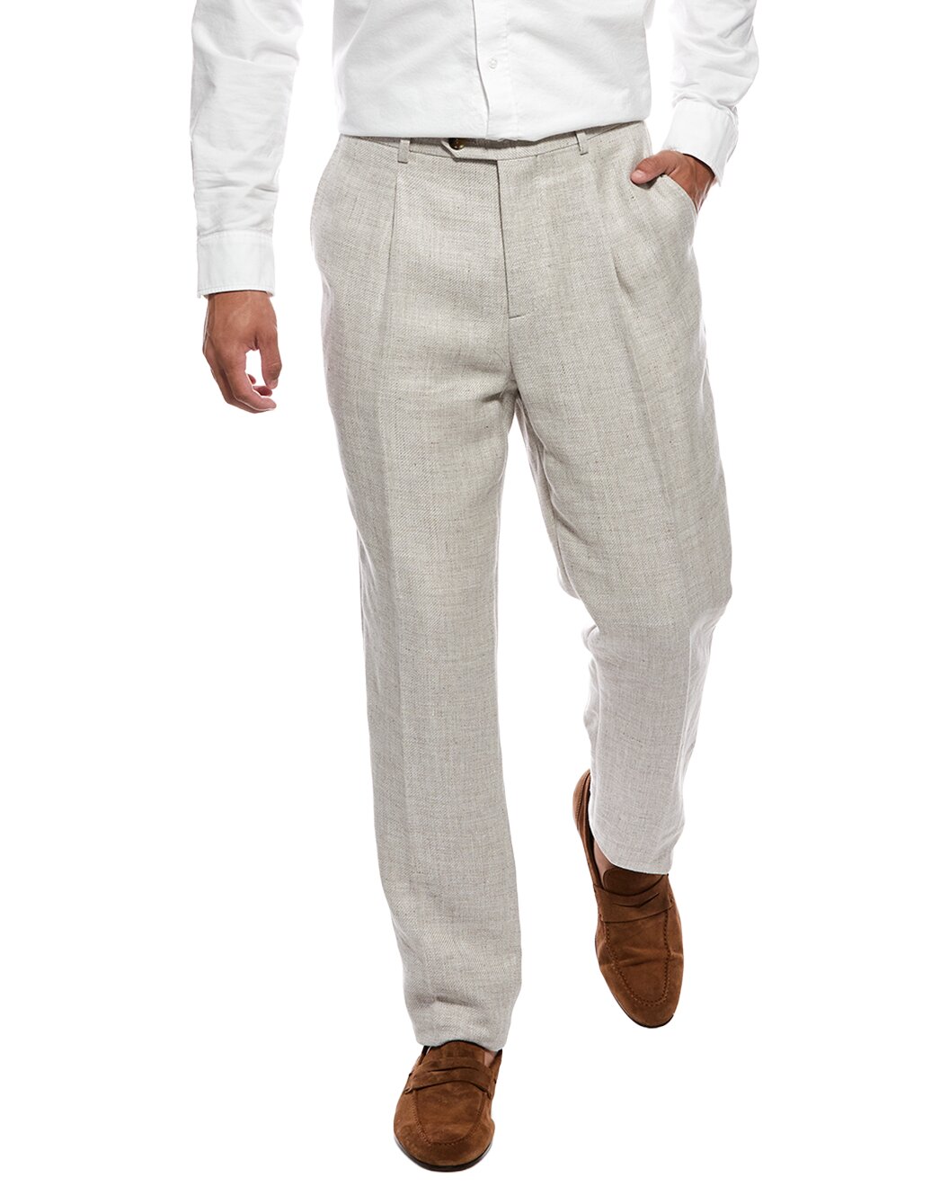 BRUNELLO CUCINELLI MEN'S BEIGE LINEN WOOL TAILORED TROUSERS