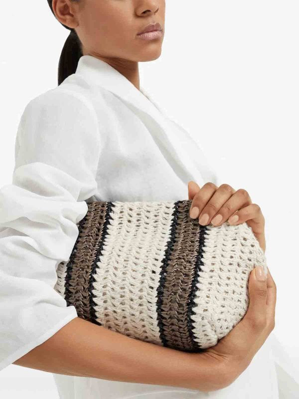 BRUNELLO CUCINELLI WOMEN'S WHITE BEIGE WOVEN STRIPE BAG