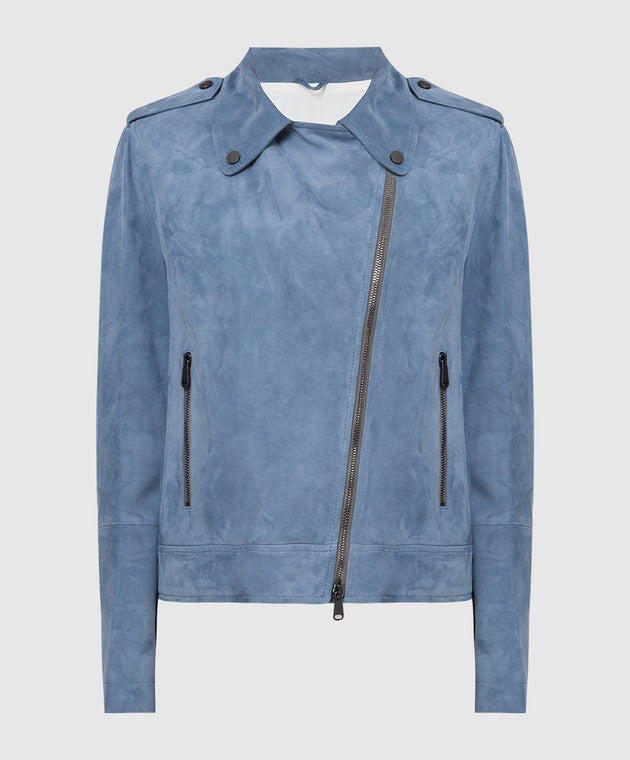 BRUNELLO CUCINELLI WOMEN'S BLUE SUEDE BIKER JACKET