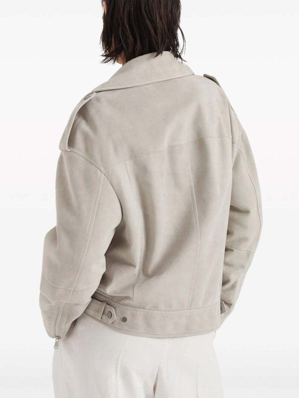 BRUNELLO CUCINELLI WOMEN'S LIGHT BEIGE LEATHER BIKER JACKET