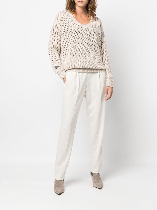 BRUNELLO CUCINELLI WOMEN'S WARM WHITE WOOL BLEND TAPERED TROUSERS