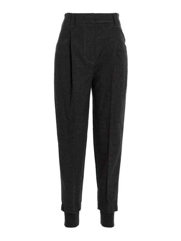 BRUNELLO CUCINELLI WOMEN'S DARK GREY WOOL BLEND TAPERED TROUSERS