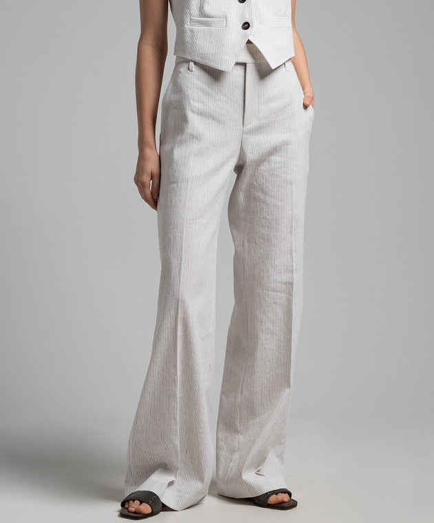 BRUNELLO CUCINELLI WOMEN'S WHITE STRIPED LINEN COTTON TROUSERS