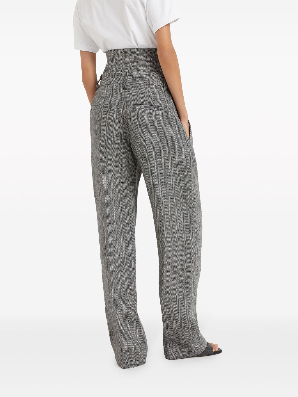 BRUNELLO CUCINELLI WOMEN'S BLACK WHITE LINEN WIDE LEG TROUSERS