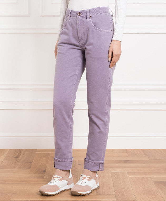 BRUNELLO CUCINELLI WOMEN'S LILAC STRAIGHT LEG COTTON TROUSERS
