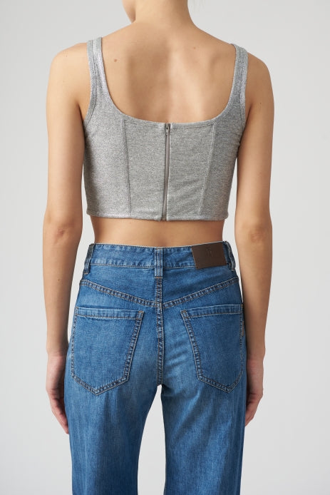BRUNELLO CUCINELLI WOMEN'S SILVER LINEN BLEND CROPPED TOP