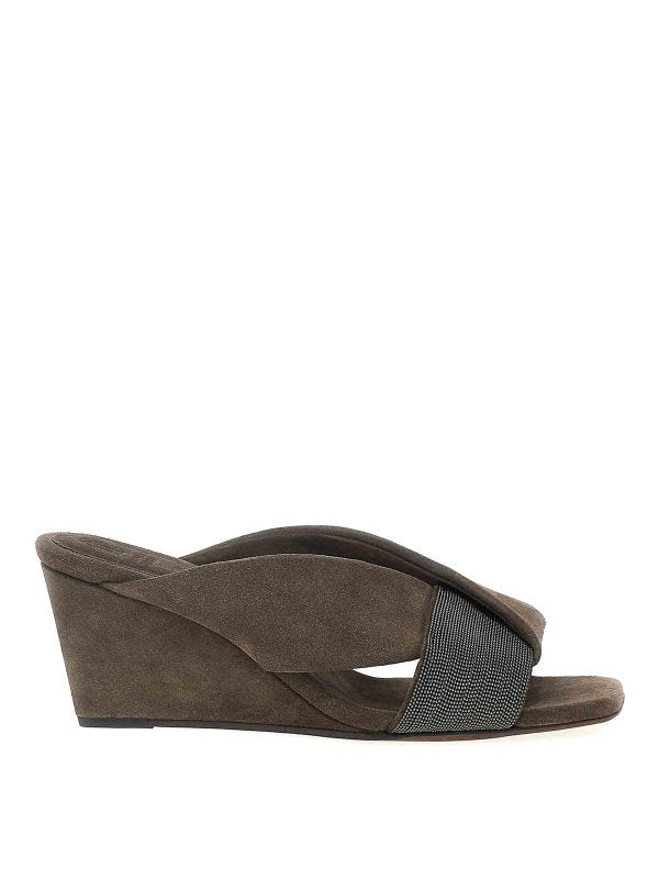 BRUNELLO CUCINELLI WOMEN'S BROWN SUEDE WEDGE SANDALS