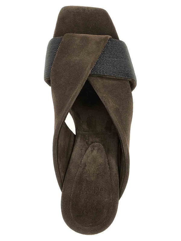 BRUNELLO CUCINELLI WOMEN'S BROWN SUEDE WEDGE SANDALS