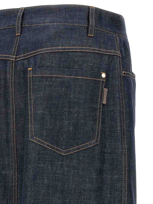 BRUNELLO CUCINELLI WOMEN'S DARK DENIM MIDI SKIRT WITH SLIT