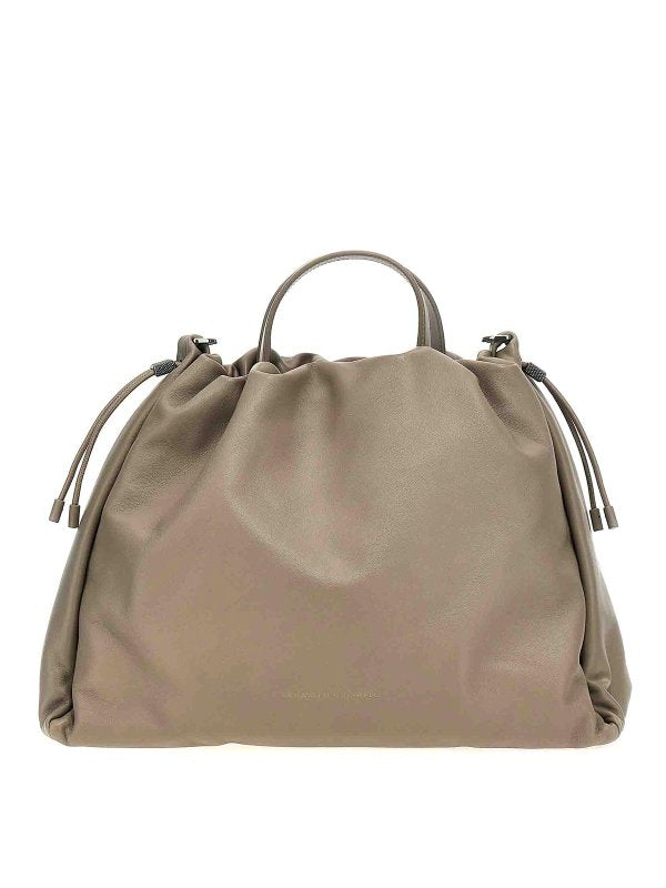 BRUNELLO CUCINELLI WOMEN'S TAUPE LEATHER DRAWSTRING BAG