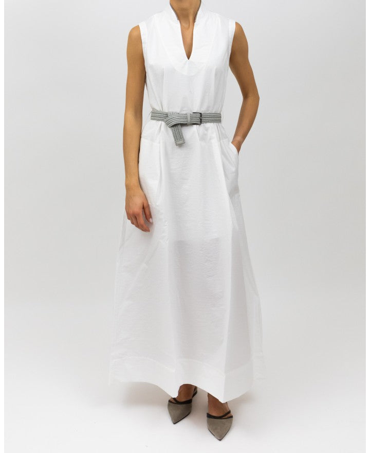 BRUNELLO CUCINELLI WOMEN'S WHITE SLEEVELESS BELTED DRESS